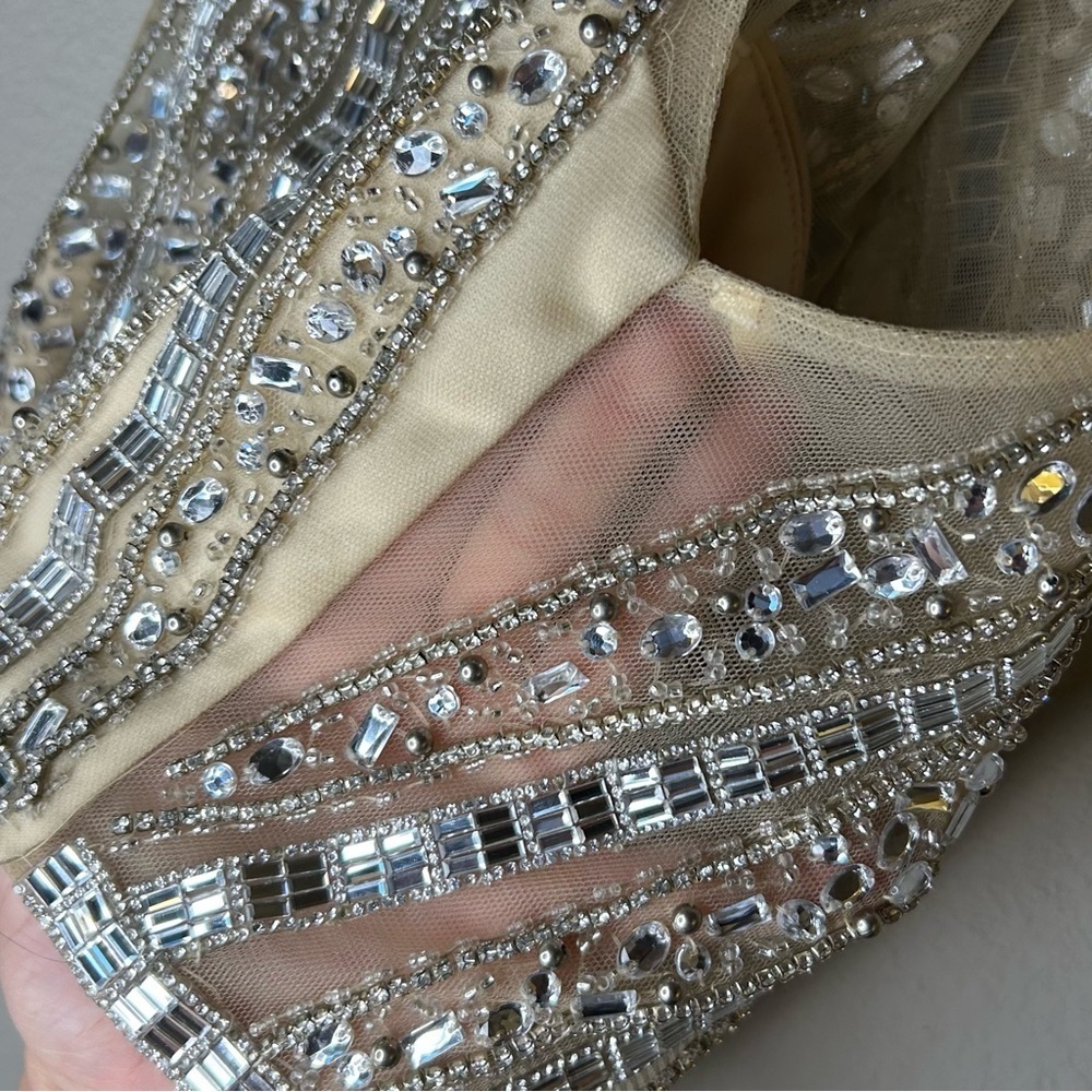 Bustier Women’s Size 10 Cream Mesh Classy Embellished Jewels Zip Back Dress Top - Picture 12 of 15